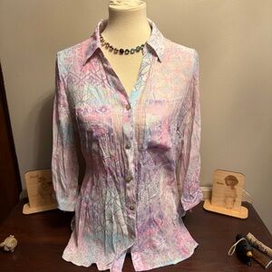 Ruby Rd. Pastel Pink & Aqua Patterned Button-Front Shirt